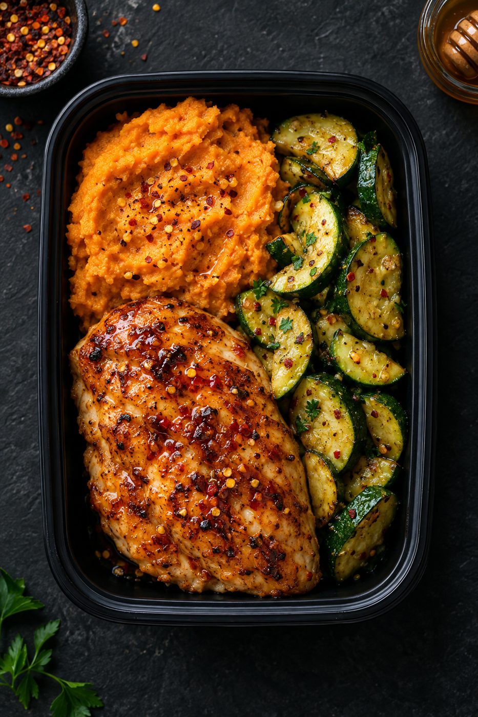 Hot Honey Chicken Breast with Mashed Sweet Potato & Zucchini