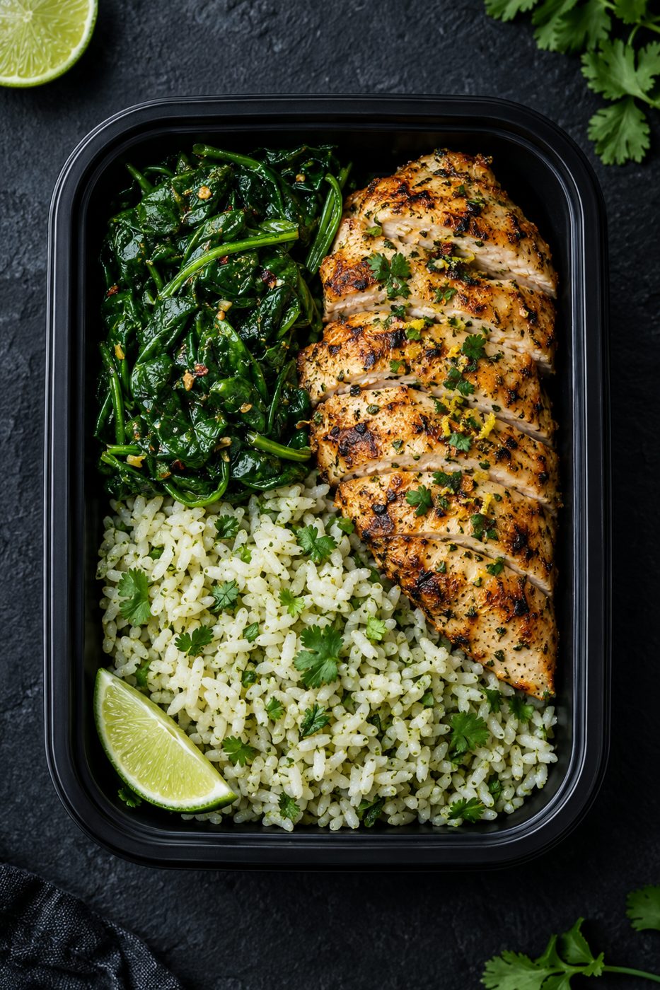 Lemon Herb Chicken with Sauteed Spinach & Cilantro Lime Rice